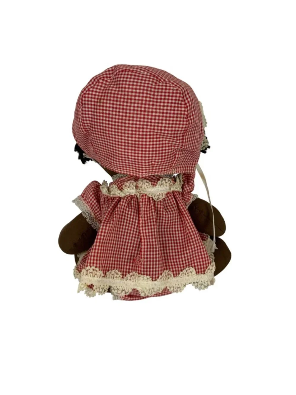 Vintage Handmade African American Doll Yarn Hair Red Gingham Dress Lace Details